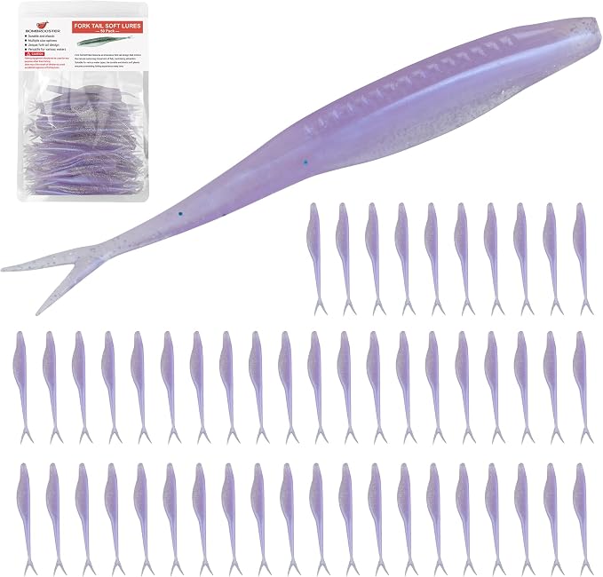 Fishing Bait Soft Plastic Lures 30/50 Pcs, Weighted Hooks 10 Pack & 40-Piece Set, 4in/5in Salty Split Tail Jerk Shad, 3/0 4/0 5/0 Weedless Swimbait Hook for Bass Fishing