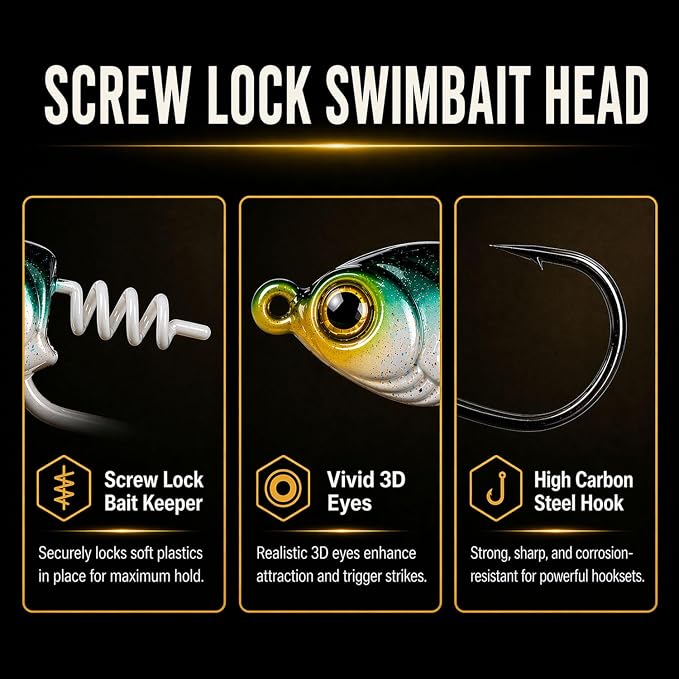 Swimbait Jig Heads for Bass Fishing, Weighted Jig Hooks for Paddle Tail Soft Plastic Lures, 3/16oz 1/4oz 3/8oz 1/2oz High Carbon Steel, Freshwater Saltwater Fishing
