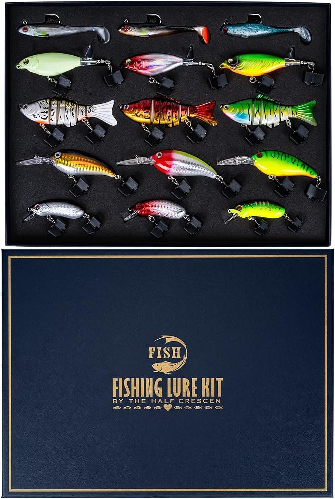 Fishing Lures Kit for Men, 15PCS Bass Fishing Lures Gift Set with Premium Gift Box, Hard & Soft Baits for Bass Trout Pike Salmon, Freshwater & Saltwater Fishing Gear Gifts