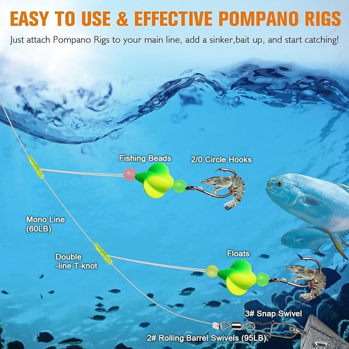 Dovesun 10PCS/4PCS Pompano Rigs for Surf Fishing Saltwater Fishing Rigs with Floats and Beads Unique Double-Line T-Knot Pre-Rigged Surf Fishing Gear & Tackle with Circle Hooks