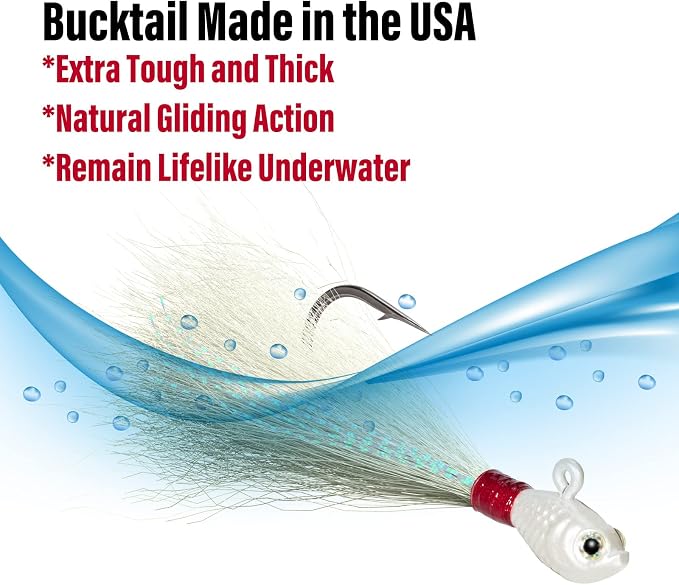 Dr.Fish 3 Pack Bucktail Jig Lure Hair Jig Saltwater Freshwater Lures Surf Fishing Bass Flounder Striper Bluefish Halibut Redfish