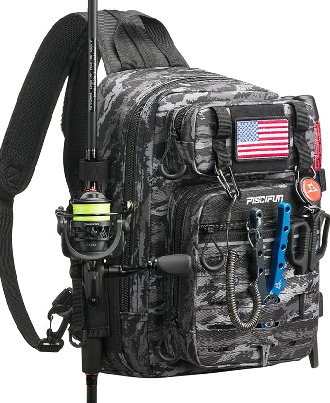 Piscifun Fishing Backpack Tackle Bag with 2 Rod Holders, Multi-Compartment Storage, MOLLE System, Water-Resistant Lightweight Outdoor Pack
