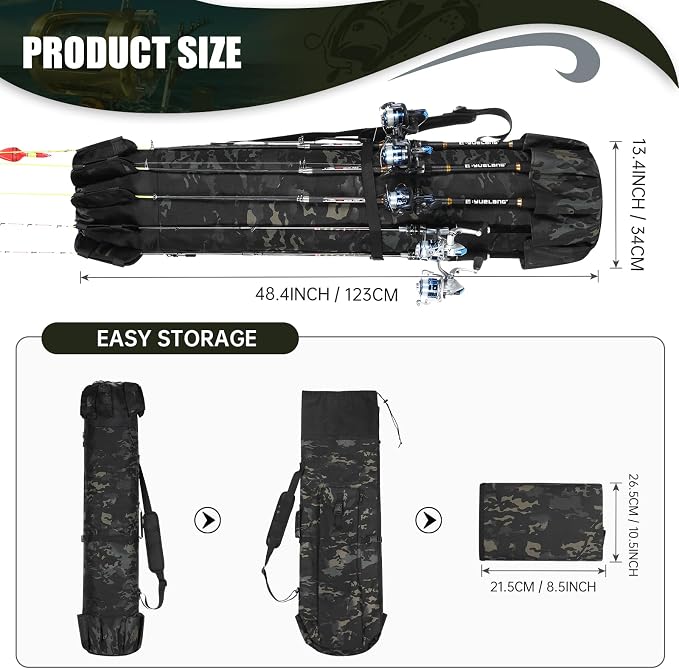 Fishing Rod Bag Fishing Rod Case, Durable Folding 900D Oxford Fabric Portable Large Capacity Waterproof, Fishing Gifts for Men Boys