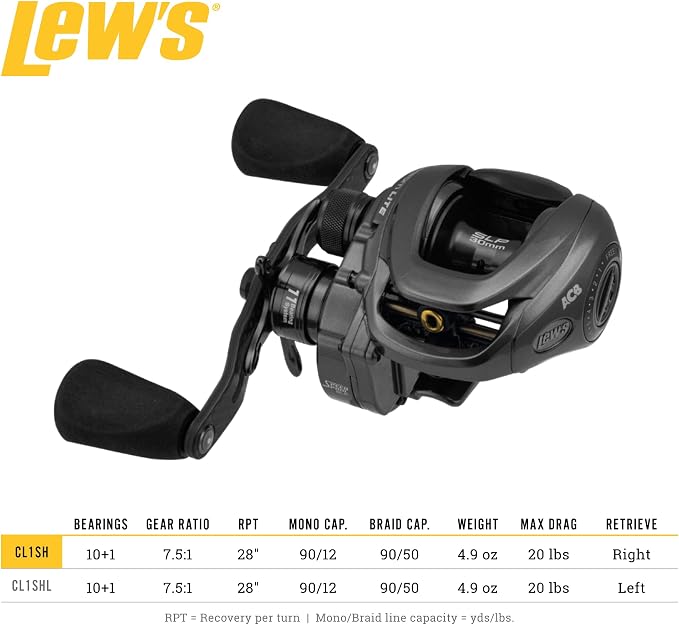 Lew's Custom Lite SS Baitcast Fishing Reel, 10+1 Double Shielded Bearings, Super Shallow 30 mm Spool, Tanso Tech Frame, Carbon Fiber Drag, Carbon Gray