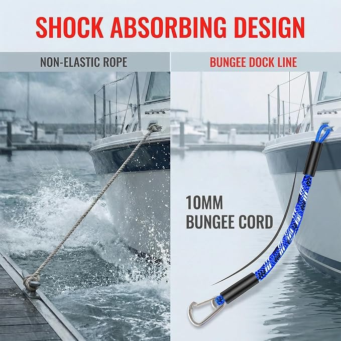 Bungee Dock Lines for Boats 4ft, Heavy Duty Mooring Ropes with Clips, Shock Absorbing Tie Downs for Jet Ski, PWC, Kayak, Pontoon, Watercraft 2 Pack