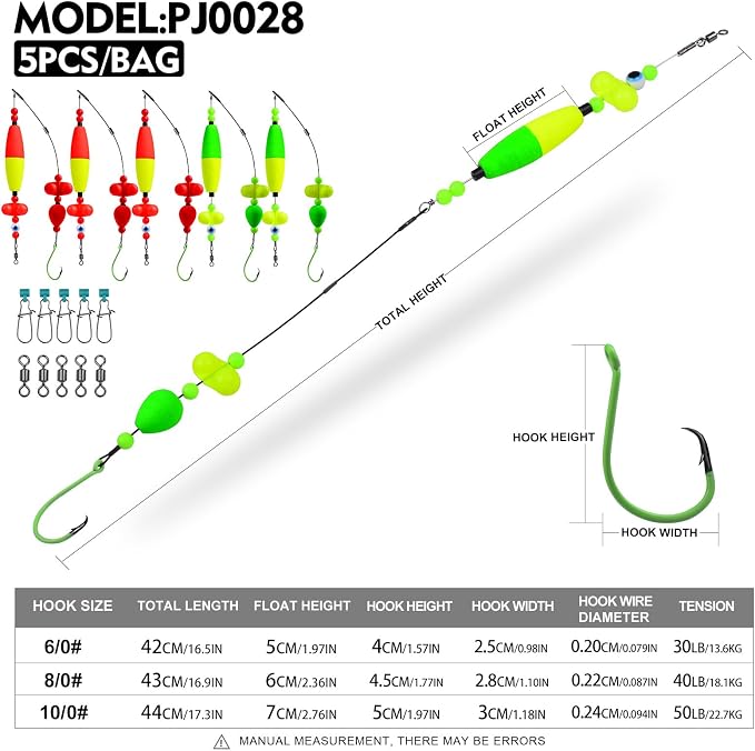 PROBEROS Catfish Fishing Rigs - Bank Fishing Set with 5pcs/Set, 6/0, 8/0, 10/0 Circle Hooks Circle Hooks, High Visibility, Ready to Use Catfish Rigs