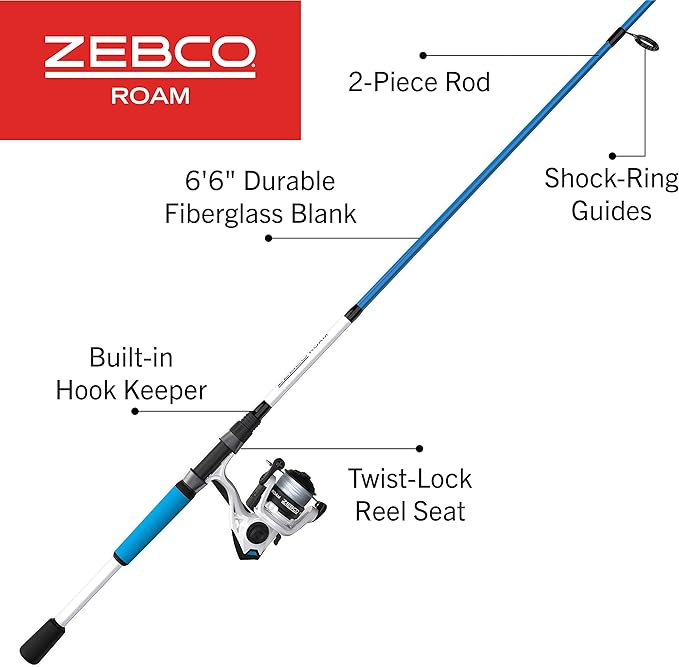 Zebco Roam Spinning Reel and Fishing Rod Combo, 6-Foot Fiberglass Fishing Pole, Split ComfortGrip Handle, Soft-Touch Handle Knob, Changeable Right- or Left-Hand Retrieve