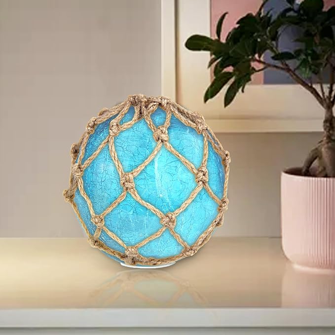 5.91" Blue Glass Fishing Float Night Light,Cracked Glass Ball, Battery Powered Nautical Coastal Decor Beach Bathroom Decor (Blue)