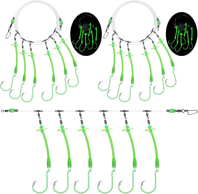 Pre-Rigged Deep Drop Saltwater Rigs – Glow Tubes, Hooks, Beads & Spinner Blade – 6/0 8/0 Circle Hooks for Snapper/Grouper/Tilefish (3/6 Hooks)
