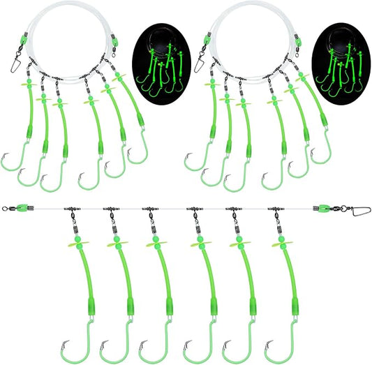 Pre-Rigged Deep Drop Saltwater Rigs – Glow Tubes, Hooks, Beads & Spinner Blade – 6/0 8/0 Circle Hooks for Snapper/Grouper/Tilefish (3/6 Hooks)
