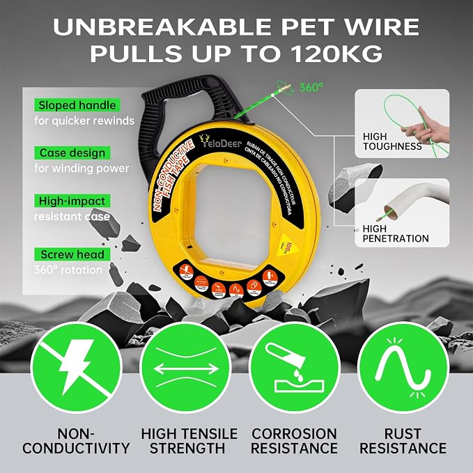 Non-Conductive Fish Tape Wire Puller 100 FT x 4.5 mm with Gloves, Flexible PET Wire Fishing Tools for Walls and Electrical Conduit, Rust-Proof
