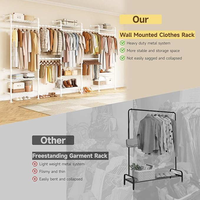 H5 Wall Mounted Closet System, Industrial Pipe Clothes Racks Clothing Rack with 4 Telescopic Rods & 3 Fixing Rods & 9 Shelves, Heavy Duty Closet Organizers and Storage in Wardrobe Closet (White)
