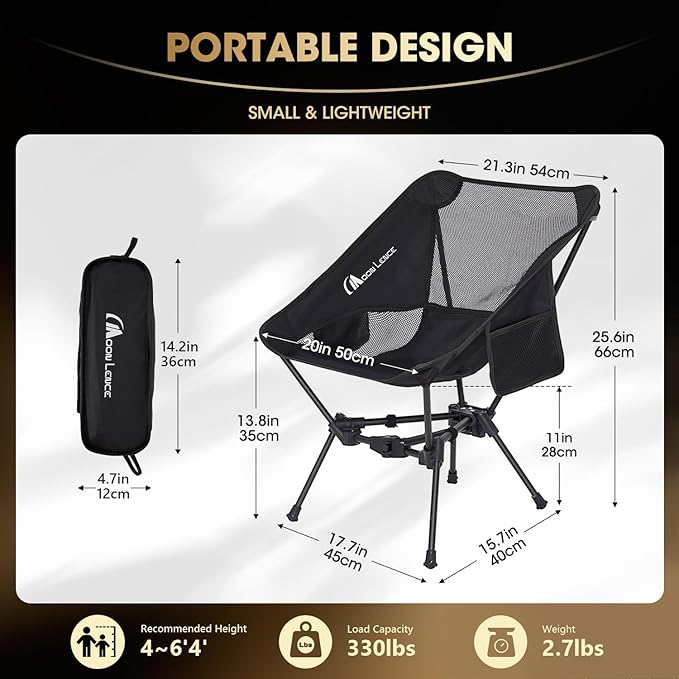 MOON LENCE Portable Camping Chair Backpacking Chair - The 4th Generation Ultralight Folding Chair - Compact, Lightweight Foldable Chairs for Hiking Mountaineering, Beach (Black-1Pack)