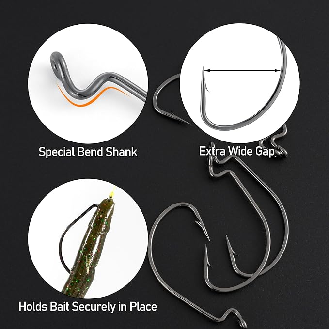 Dr.Fish EWG Hooks Bass Fishing Worm Hooks Extra Wide Gap Freshwater Fishing Carolina/Texas Rig