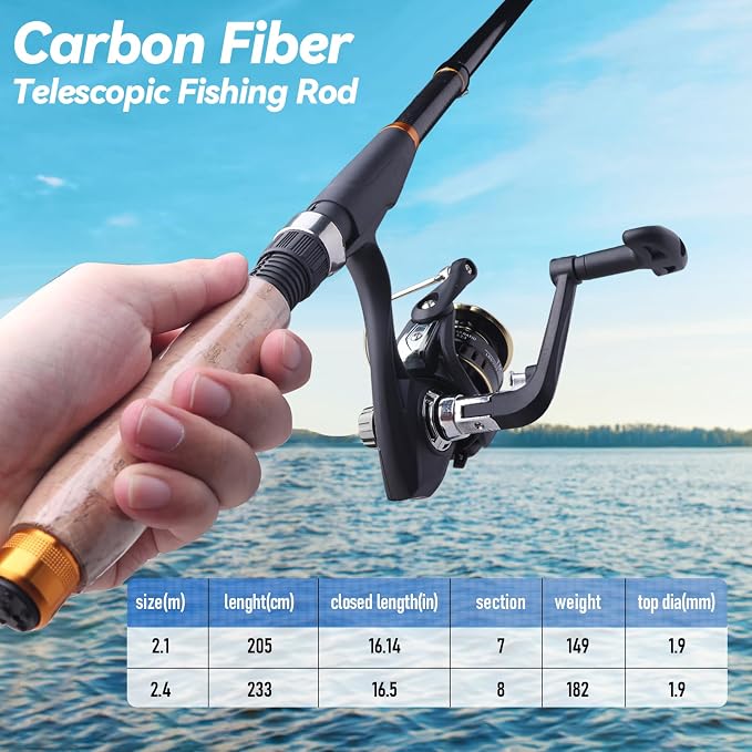 6.9FT 2PCS Telescopic Fishing Rod and Reel Combo, Collapsible Fishing Pole Set with Lip, Spinning Reel Line Lures Set with Carrier Bag, Saltwater Freshwater Fishing Gear for Adults