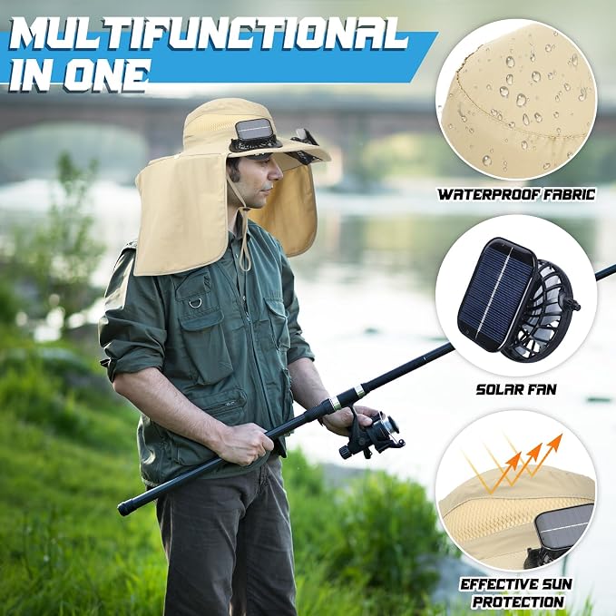 Chuarry Wide Brim Sun Hat with 2 Solar Fans and Neck Flap Outdoor Solar Powered USB Charging Bucket Fishing Hat for Men Women