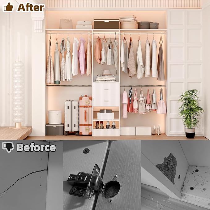 Closet System Set of 2, Closet Organizer System With 4 Wood Drawers, Walk-In Closet Storage System With 10 Hanging Rods, Adjustable Cloth Garment Rack, Fits Spaces 6Ft-14Ft, White