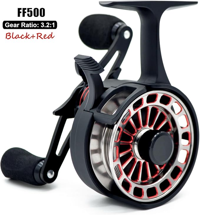 Inline Ice Fishing Reel, 3.2:1 High Speed Gear Ratio, 3+1 Anti-Reverse Ball Bearings, Magnetic Brakes, Lightweight Graphite Frame with a CNC Aluminum Spool for Winter Fishing