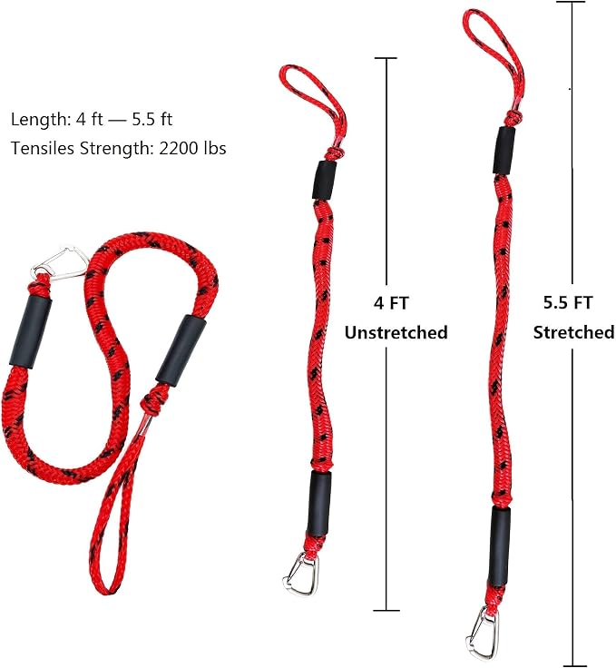 Boat Bungee Dock Lines, Mooring Rope with Stainless Steel Clip,Boat Ropes for Docking, Boat Accessories, Suit for PWC, Kayak, Seadoo, WaveRunner, Pontoon, Bass Boat, 4ft (RED&Black)