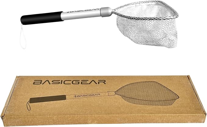 BasicGear Compact Baitwell Net for Live Bait – Soft Nylon Mesh, Aluminum Frame, EVA Non-Slip Grip & Anti-Drop Rope