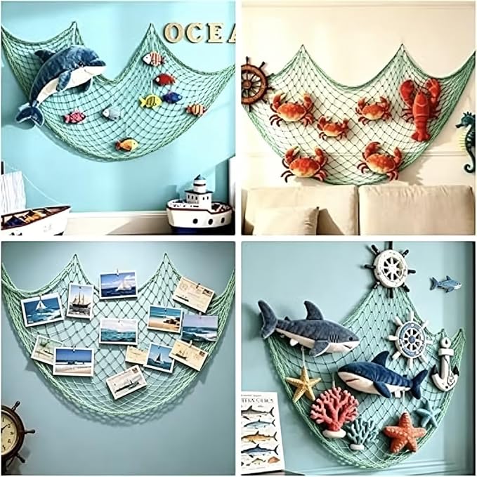 2 Pack Decorative Fishing Net, 80x40 Inch Green Cotton Fish Net Decor for Nautical Mermaid Pirate Hawaii Beach Ocean Under The Sea Themed Party, Hanging Plush Toys, Drape Tables, Wall Picture Display