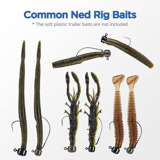 MadBite by KastKing Ned Rig Jig Heads for Soft Fishing Lures, 24-Pack Finesse Standard Mushroom Stand-up Ned Heads Kit, Needle Point Saltwater & Freshwater Versatility Ned Rig Hooks 1/8, 1/16, 3/16 oz