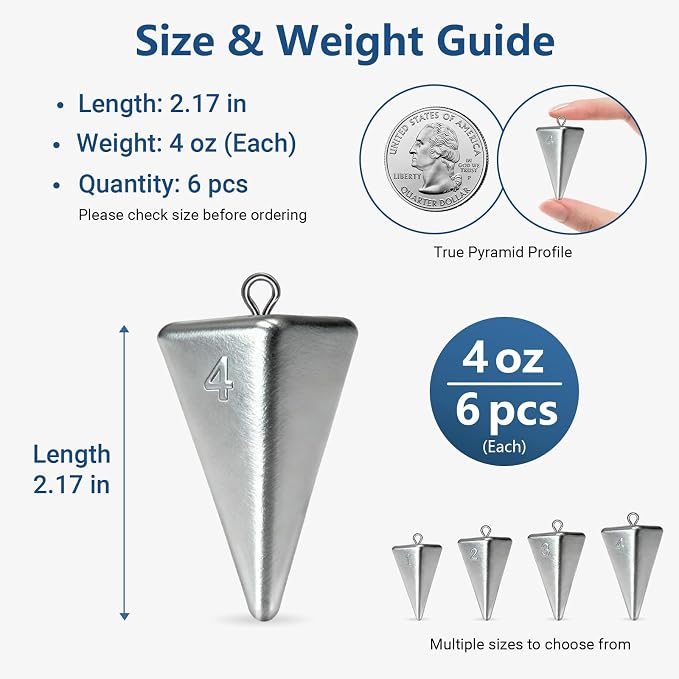Pyramid Sinkers Fishing Weights Assortment 1oz-4oz, Surf Casting Sinkers for Saltwater Beach Fishing, Triangle Lead Weights Anti Roll Strong Hold