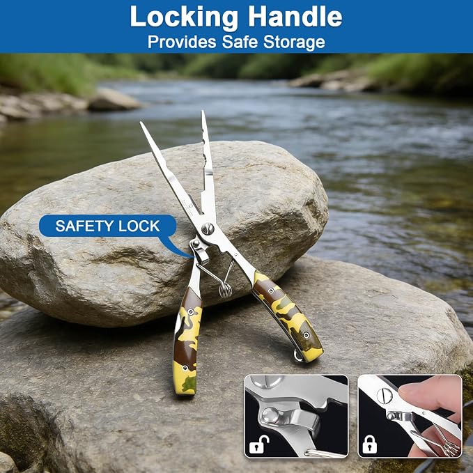 Fishing Needle Nose Pliers for Saltwater, Long Nose Stainless Steel Hook Remover with Braid Line Cutter and Split Ring Tool, Spring Loaded Fishing Pliers