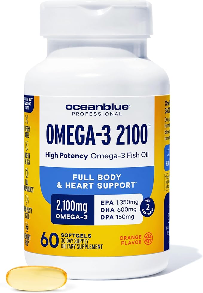 Oceanblue Professional Omega-3 2100 - Triple Strength DPA EPA DHA Omega 3 Supplement - High Potency Burpless Wild Caught Fish Oil - Orange Flavor, 60 Softgels (30 Servings)