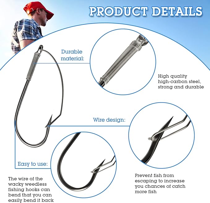 Sumind Weedless Wacky Rig Hooks Bass Carbon Steel Fishing Hooks for Wacky Rigging Worm Lure Baits