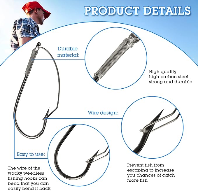 Sumind Weedless Wacky Rig Hooks Bass Carbon Steel Fishing Hooks for Wacky Rigging Worm Lure Baits