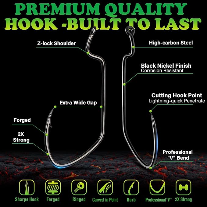 LUCKYFISHING EWG Hooks Worm Hooks for Bass Fishing 50PCS Offset Texas Rig for Freshwater Saltwater Size 1 1/0 2/0 3/0 4/0 5/0