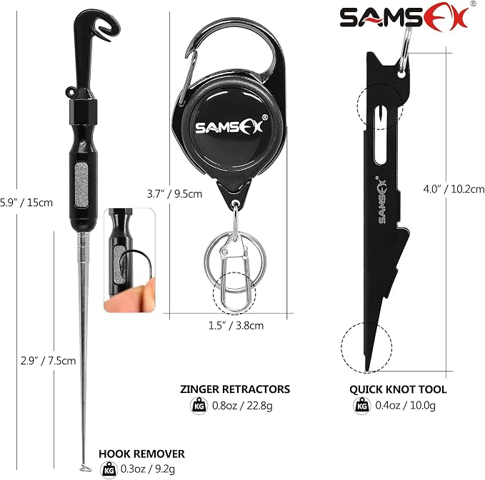 SAMSFX Fishing Stainless Steel Hook Tier, Knot Tying Tool, Loop Tyer, Hook Remover and Zinger Retractors Combo