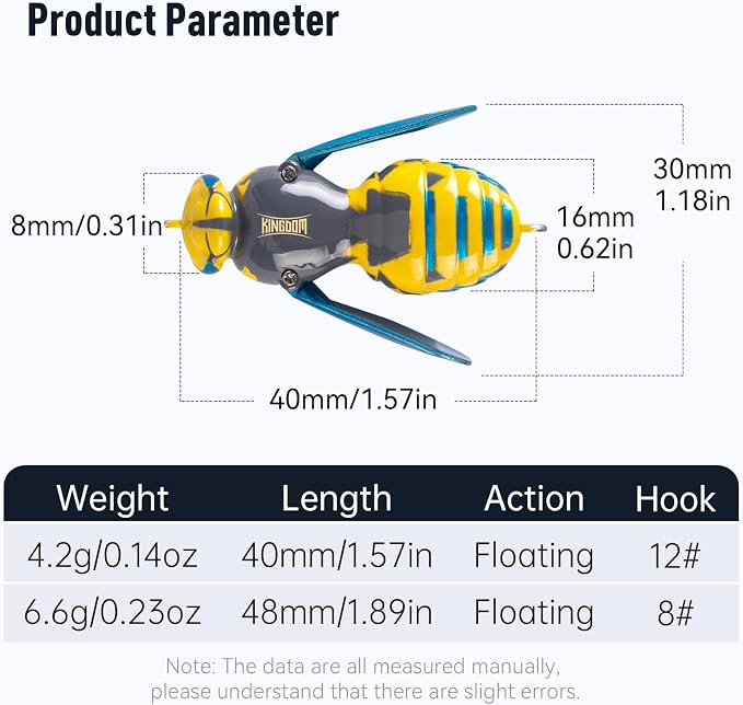Kingdom Wasp Craw Bait Insect Bionic Floating Fishing Lures Swimbaits Hard Artificial Baits Lure for Freshwater and Saltwater Bass Carp Pike Walleye Fishing ABS Material Carbon Steel Three Book Hook