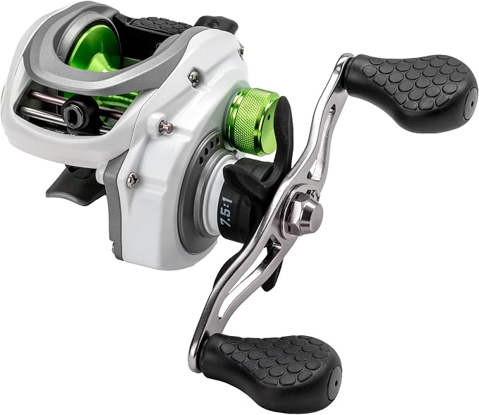 Lew’s MACH 1 Baitcast Fishing Reel, 7+1 Bearings, 7.5:1 Gear Ratio, Graphite Frame and Sideplate, Multi-Setting Brake, Speed Gears, White/Gray/Green