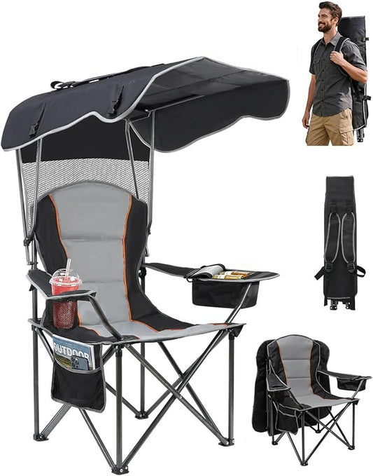 HOPERAN Camping Chair with Canopy, Heavy Duty Beach Chair with Umbrella Cooler Bag Cup Holder Side Pocket Supports 500lbs, Outdoor Folding Chair with Shade for Beach, Lawn, Fishing, Sports