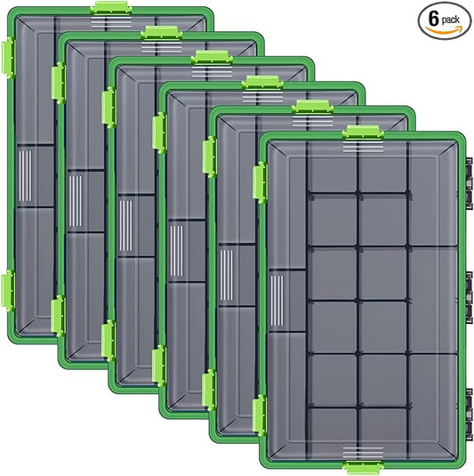 Wonderjune 6 Pack Fishing Tackle Boxes Waterproof 3600 and 3700 Tackle Trays with Removable Dividers Plastic Storage Organizer Bait Vault Camouflage Box for Freshwater Saltwater (Green,3700)