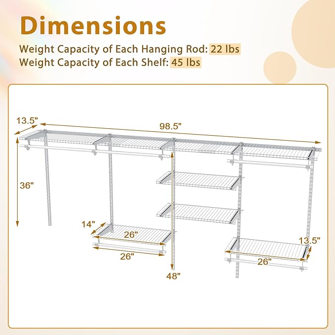 Tangkula 4 to 8 FT Custom Closet System, Wall Mounted Closet with Hanging Rod, Metal Hanging Storage Organizer Rack Wardrobe with Shelves, Adjustable Closet System Kit for Bedroom (White)