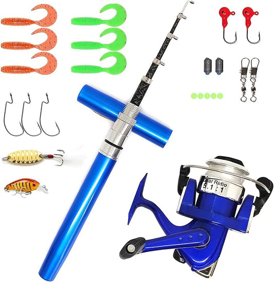 Portable Small Pen Fishing Rod Spinning Reel Combos, 38" 55" Compact Telescopic Fish Pole Kits for All Season Fishing in Rivers, Lakes, Ice, etc.