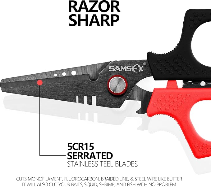 SAMSFX 6.5" Pro Fishing Shears Dual Serrated Blades, Fishing Braided Line Scissors with Titanium Coating, Non-Slip Grip & Multifunction Tool, Includes Hard Molded Locking Sheath & Coiled Lanyard