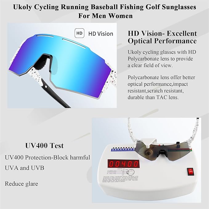 Ukoly Cycling Sunglasses for Men Women with 3 Interchangeable Lenses, Polarized Sports Sunglasses, Baseball Sunglasses