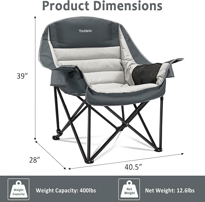Youtanic Oversized Extra Large Padded Camping Chair, up to 400lbs, Folding Camping Chairs with Pocket, Carry Bag, Heavy Duty Outdoor Camp Chairs for Adults, Fishing, Sports, Trip, Light Gray-Gray