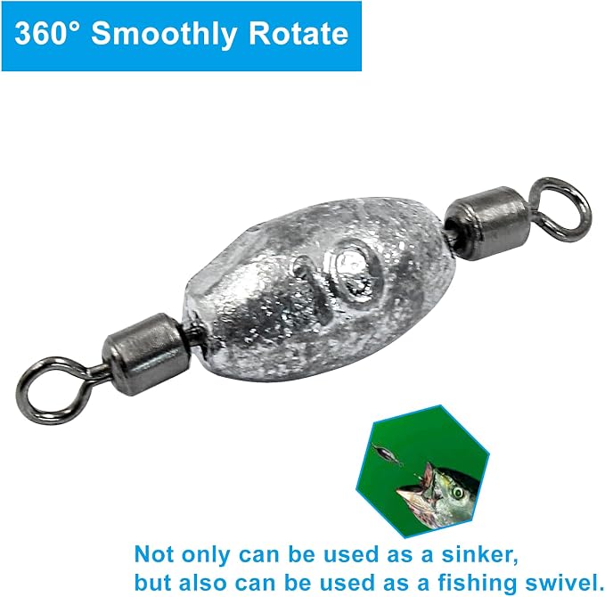 Uenhoy Fishing Weights Inline Trolling Fishing Sinker Tackle with Inner Swivels, Oval Drop Casting Fishing Weight Sinkers