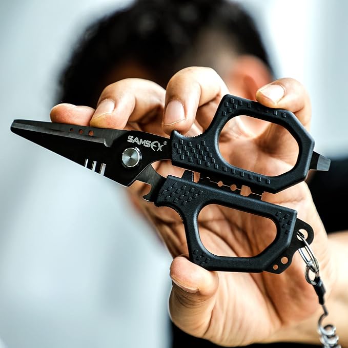 SAMSFX Fishing 6.5" Pro Fishing Scissos, Dual Serrated Blades, Braided Line Shears with Titanium Coating, Non-Slip Grip & Multifunction Tool, Come with Hard Molded Locking Sheath & Coiled Lanyad