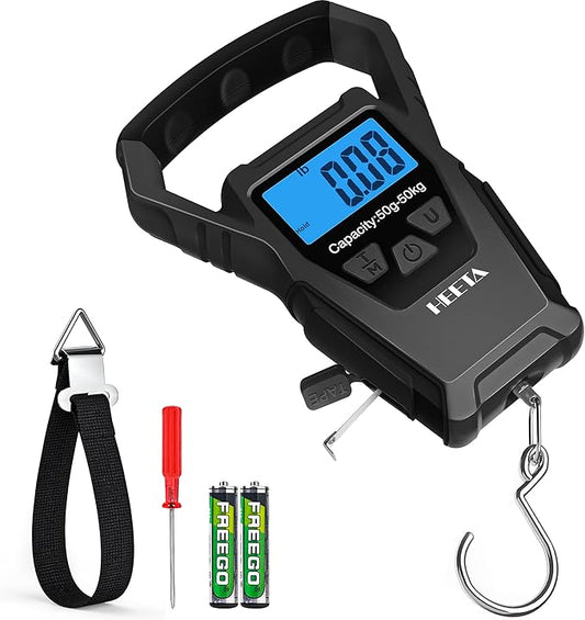 HEETA Waterproof Fish Scale Digital with Backlit LCD Display, 110lb/50kg Portable Hanging Scale Fishing Scale for Home and Outdoor, Measuring Tape and 2 AAA Batteries Included