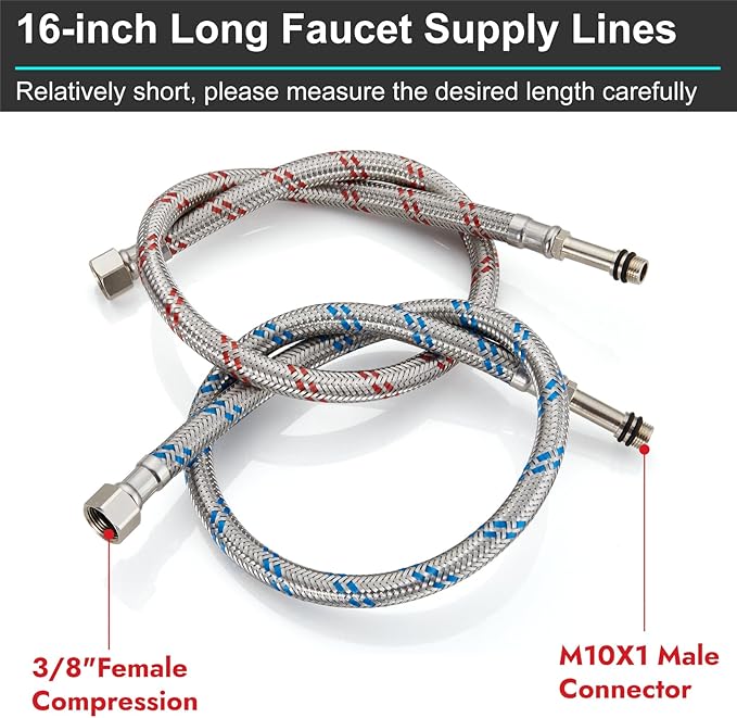 Midanya 16-Inch Long Faucet Water Supply Lines, Braided Stainless Steel Supply Hose 3/8-Inch Female Compression Thread x M10 Male Connector, x 2 Pcs (1 Pair)