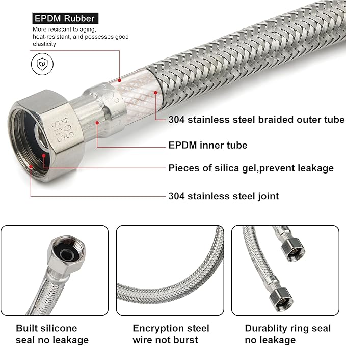 Midanya Faucet Supply Lines,24" Stainless Steel Braided Water Supply Line, 1/2" FIP x 3/8" COMP Faucet Hose, Faucet Hose Connector x 2 Pcs (1 Pair)