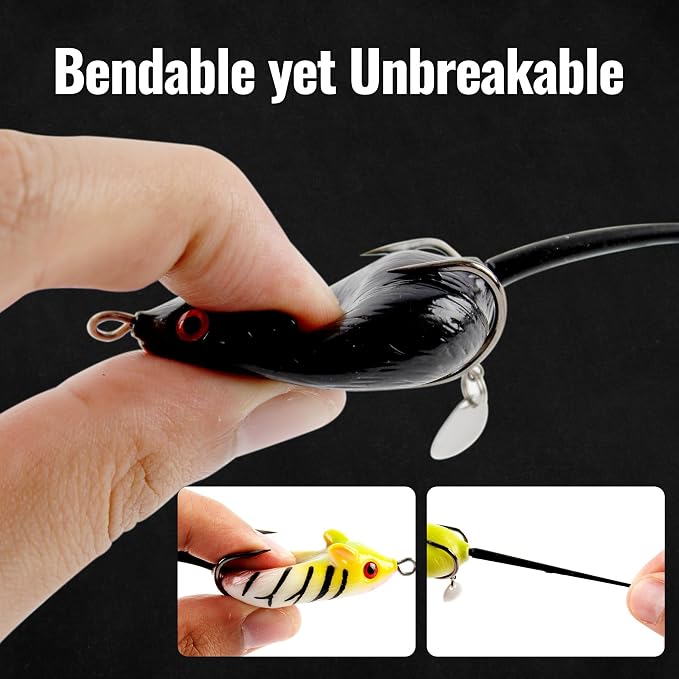 Topwater Mouse Rat Fishing Lure, 5pcs Realistic Soft Rat Bait for Bass, Trout, Pike, Muskie, Hollow Body, Weedless Double‑Barb Hooks, Spinnerbait Blade, Glide Bait & Crankbait Compatible