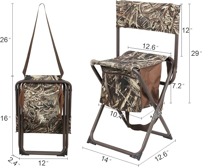 PORTAL Folding Seat, Lightweight Backrest Stool Hunting Fishing Chair with Storage Pocket for Camping, Hiking, Beach, Picnic, Support Up to 225 lbs, Camouflage