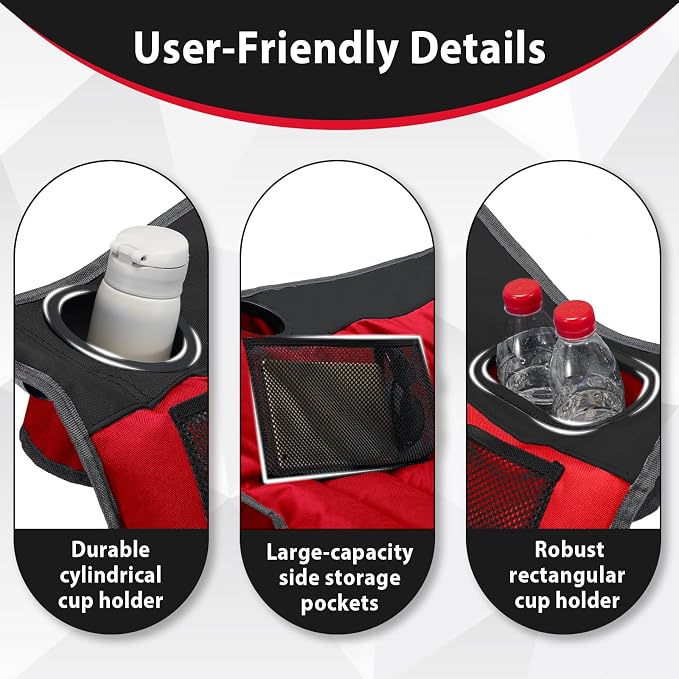 Youtanic Oversized Extra Large Padded Camping Chair, up to 400lbs, Folding Camping Chairs with Side Pocket, Carry Bag, Heavy Duty Outdoor Camp Chairs for Adults, Fishing, Sports, Trip, Red-Black